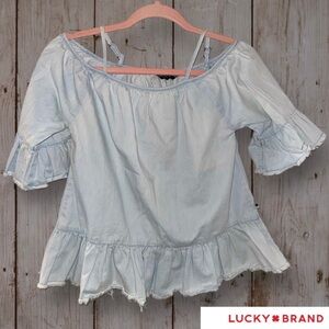Lucky Brand Off Shoulder Ruffle Hem Denim Style Cotton Blouse | Size L